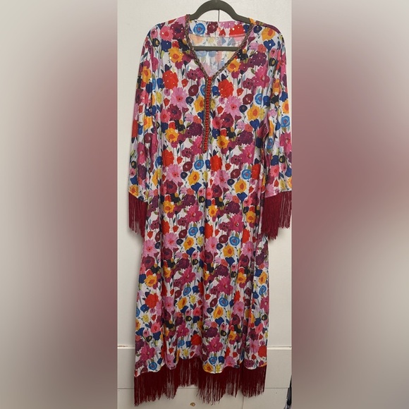 Arabian khalji Dresses & Skirts - Floral Midi Dress with Fringe Sleeves - Pink Multi